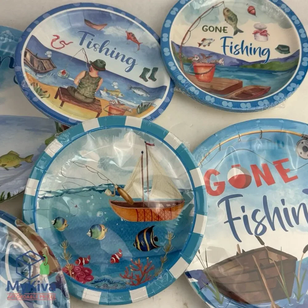 Fishing Birthday Party Paper Plates & Napkins Set Disposable Fisherman Tableware